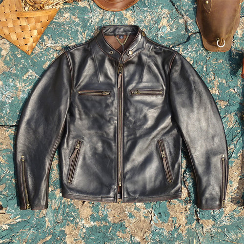 无内衬！擦色做旧头层软化小马皮J100领子活袢立领修身真皮皮衣男