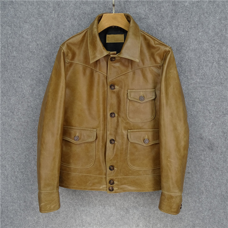旧头层真皮皮衣蜡染变色浅棕