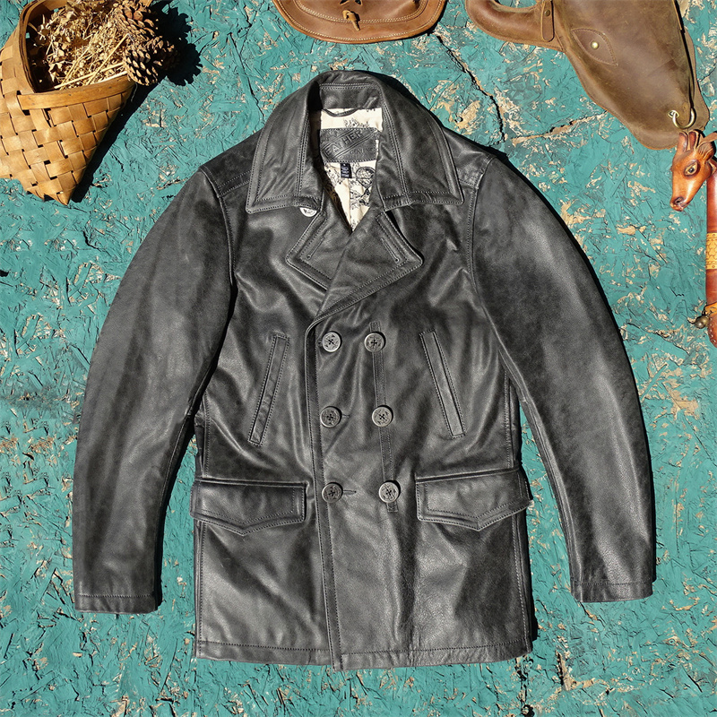 进口石磨重水洗做旧头层牛皮真皮皮衣男740款双排扣风衣商务长款