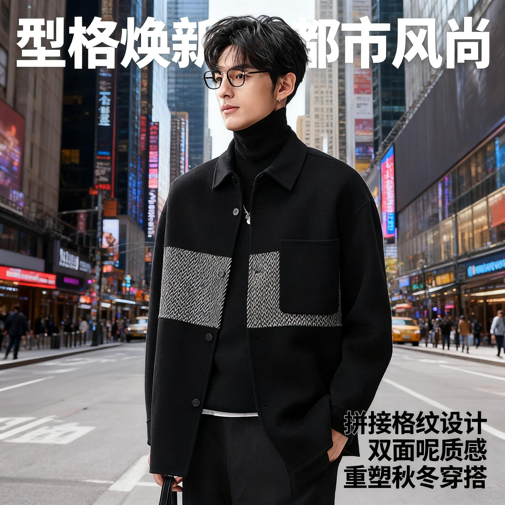 男士时尚拼接双面呢大衣修身短款夹克