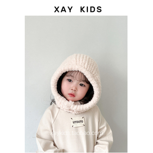 超软糯ins风~儿童针织一体帽子男女宝宝保暖法拉帽披肩护耳套头帽