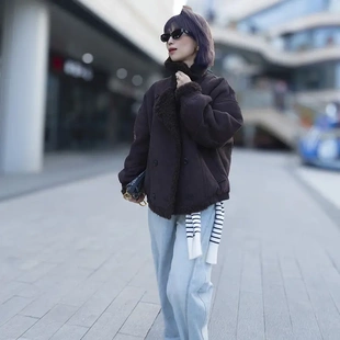 秋冬短款宽松加厚加绒麂皮羊羔毛外套复古暖系穿搭羊毛一体6603