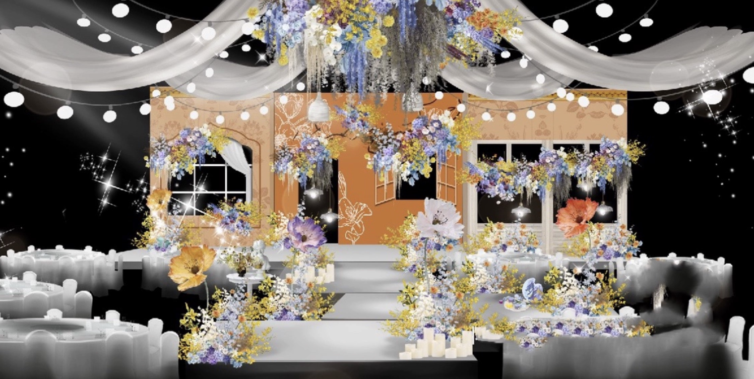 橙色系复古法式油画风大气吊顶婚礼效果图ps素材分层