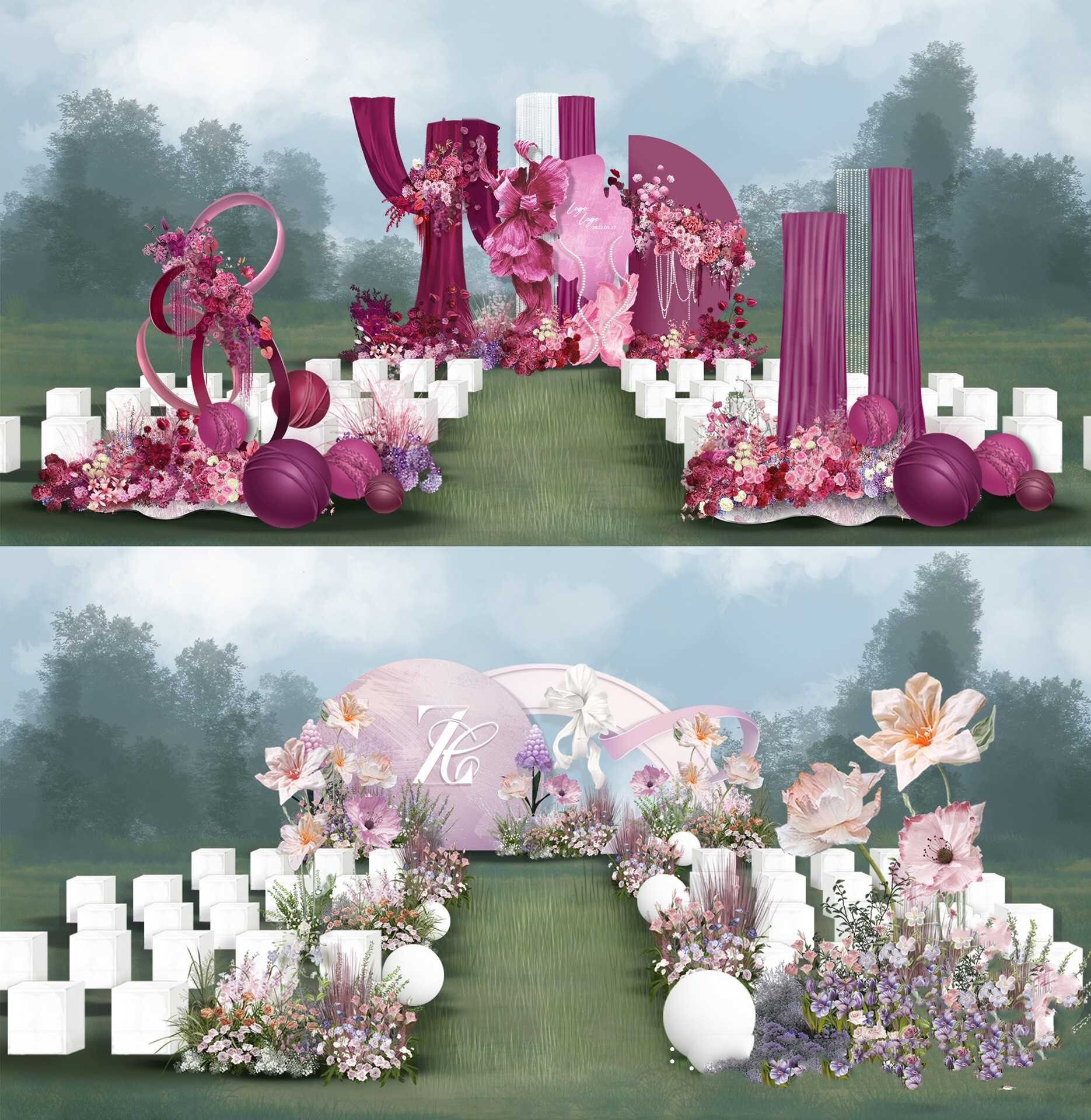 玫红紫色粉色彩色花园纸花小众户外高级婚礼效果图psd文件素材