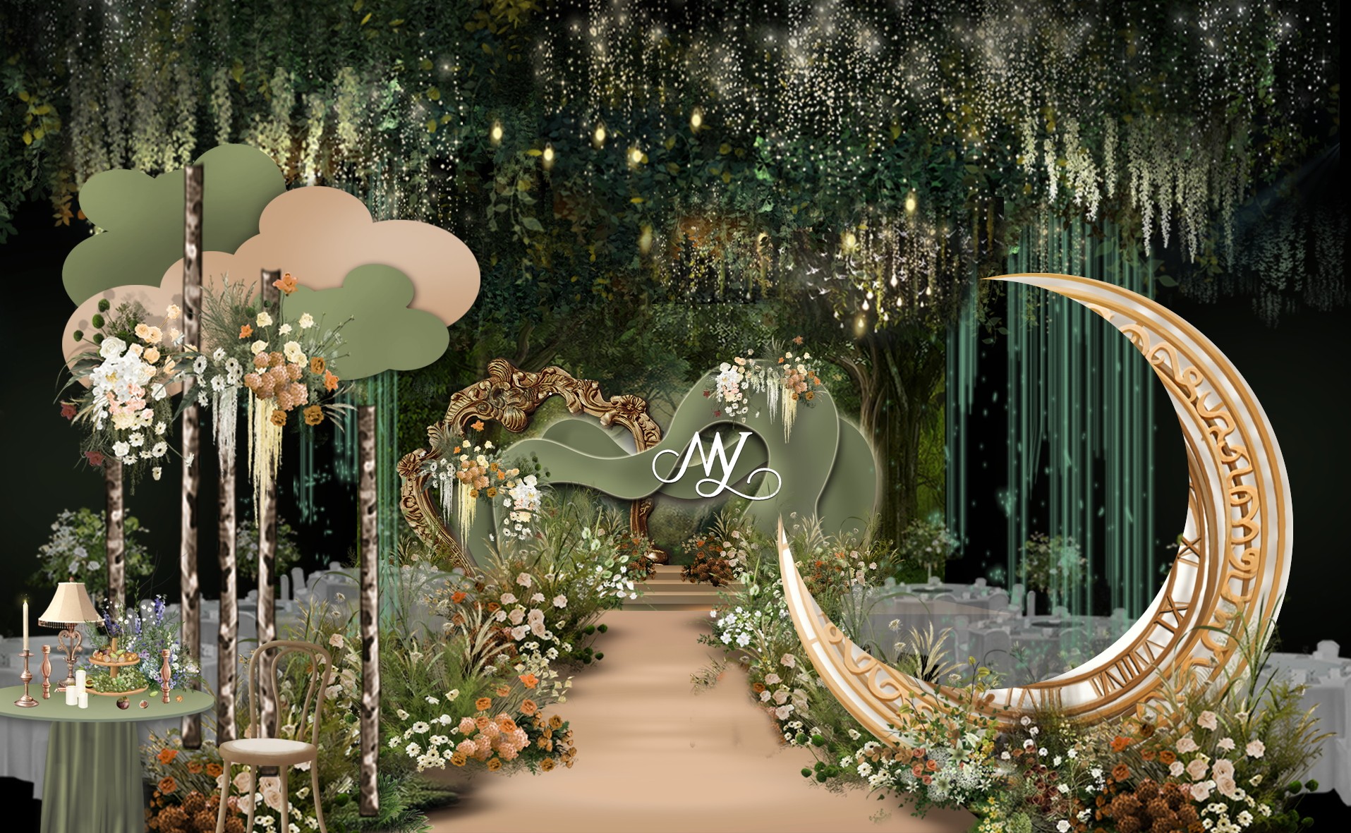 沉浸式绿色森系森林爱丽丝婚礼主题婚礼效果图psd文件设计素材