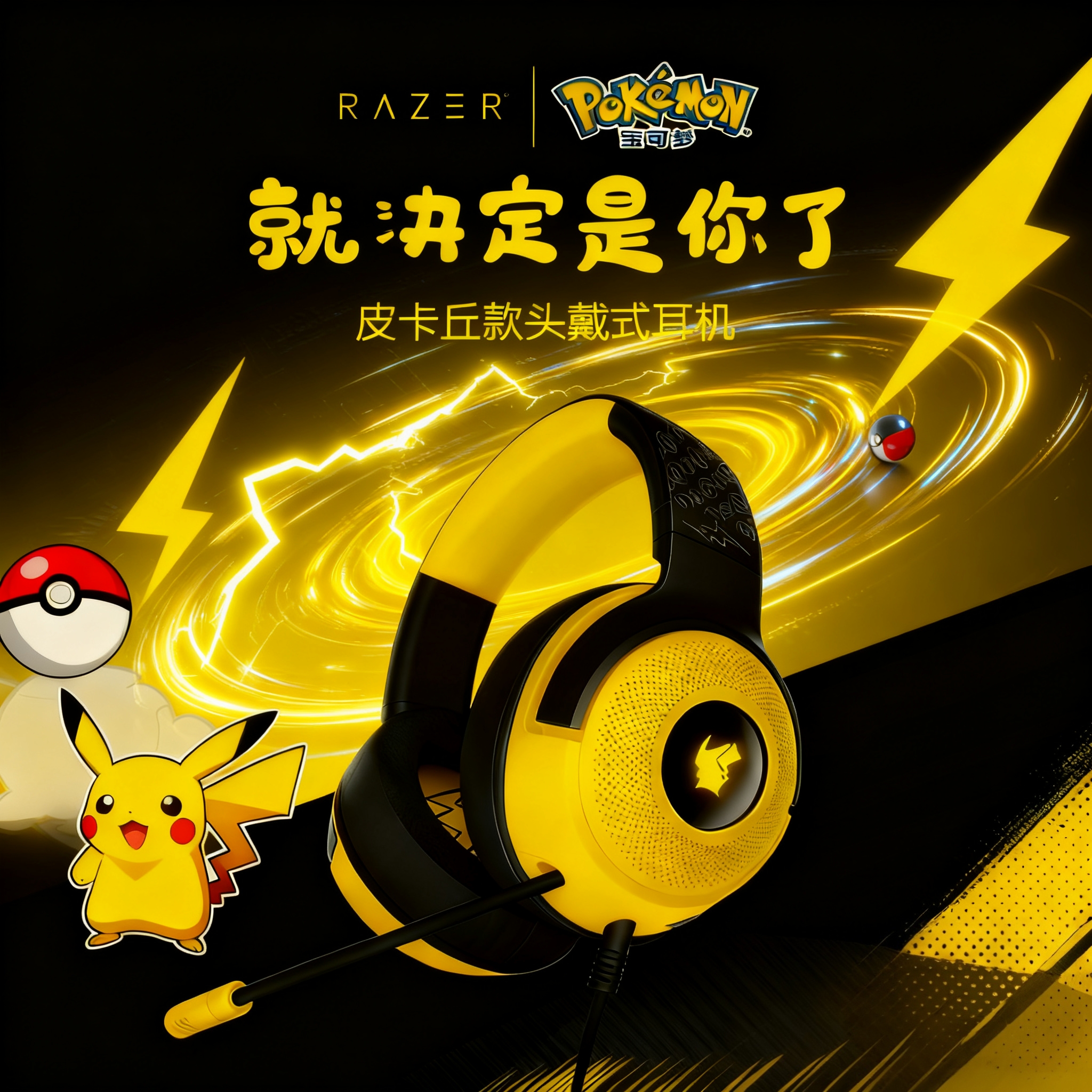 雷Ra蛇zer宝可梦皮卡丘款头戴式有线USB北海巨妖V3游戏耳机麦克风