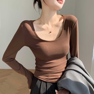 遮肉褶皱上衣 收腰修身 H257椰绒大U领打底衫 秋冬磨毛内搭t恤长袖