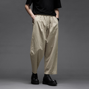 高品质 棉麻极简风日系复古卡其色阔腿直筒宽松休闲男九分裤