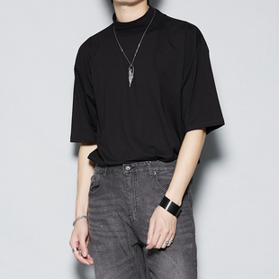 精梳棉轻熟风暗黑小众设计半高领港风短袖 T恤男生春夏宽松打底衫