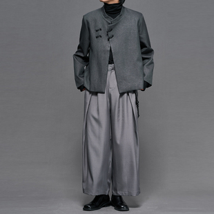 新中式西装外套小众高级痞帅黑色灰色立领盘扣气质中山装外套男女