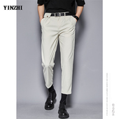 西装 男修身 裤 韩版 春夏显瘦 潮男九分西裤 浅杏色黑色2色休闲九分裤