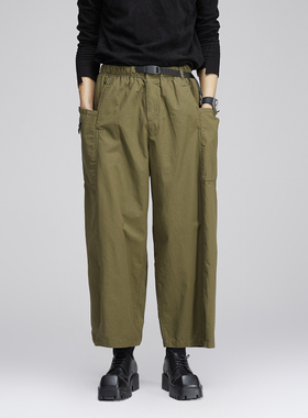 高品质日系复古剪裁军绿色黑色卡其色工装阔腿裤休闲男士九分裤