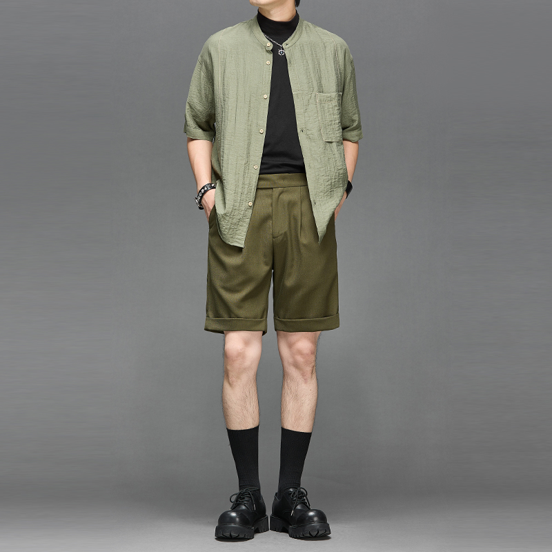 无领短袖日系复古质感面料衬衫