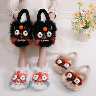 冬季加绒非遗手工刺绣虎头鞋女厚底保暖棉鞋民族风流苏绣花拖鞋