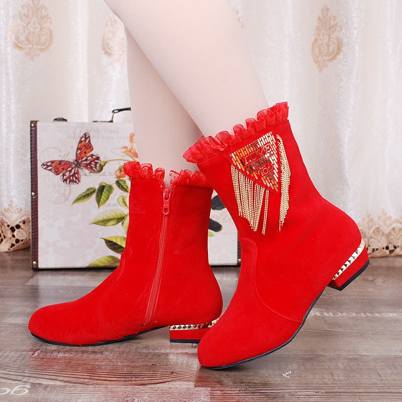 2025秋冬新娘靴子结婚鞋红色时装靴