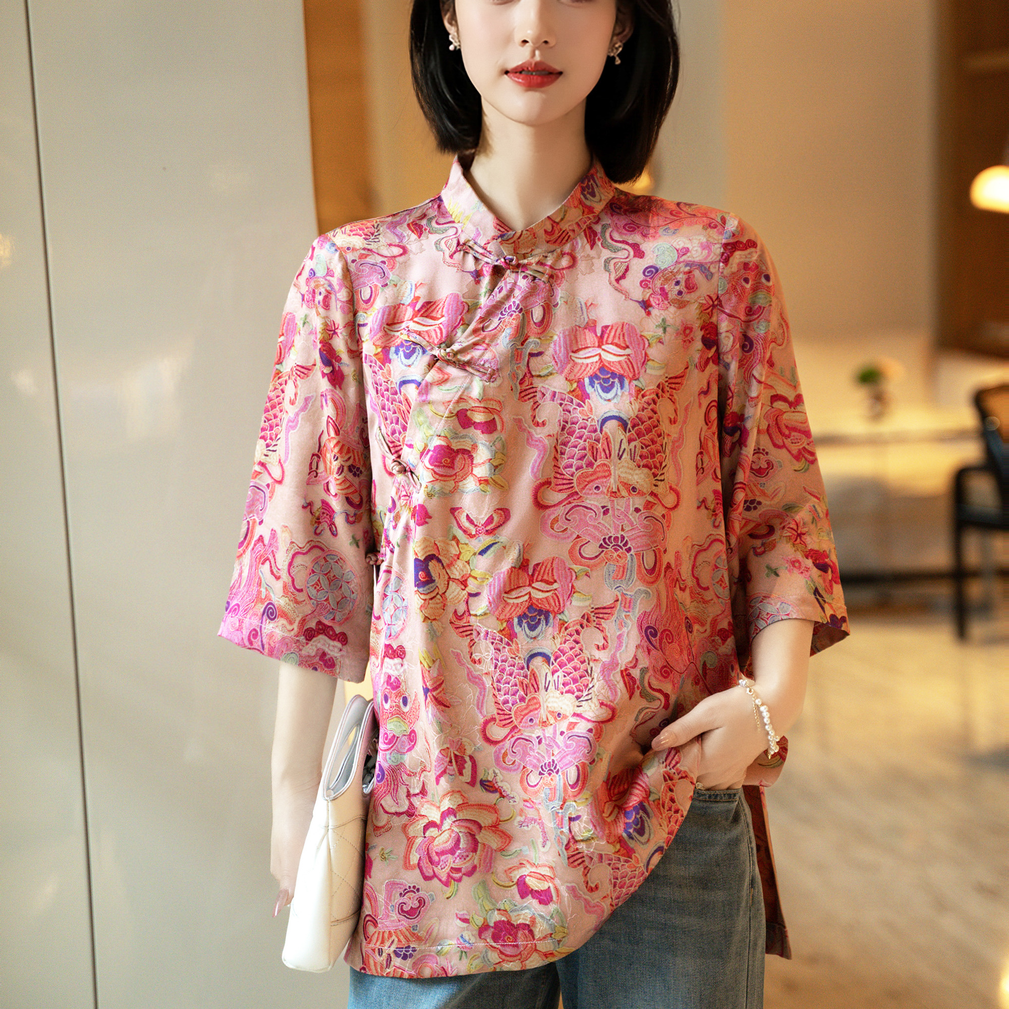 锦鲤戏莲新中式人丝红云纱提花七分袖衬衫女唐装中长国风宽松上衣