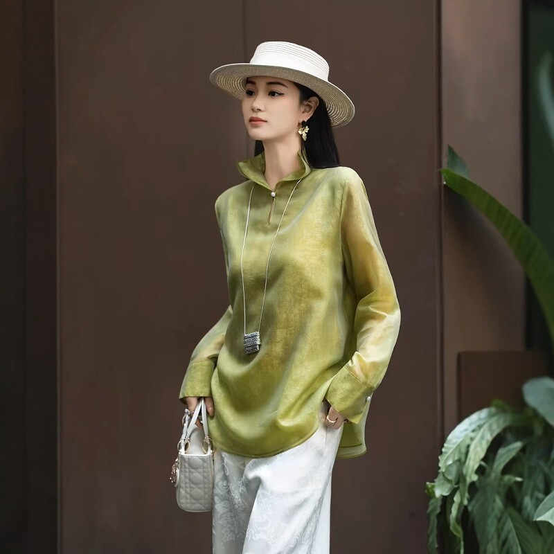 新中式天丝轻薄初秋长袖衬衫女图片