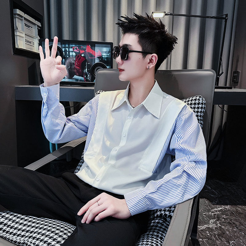 SC191-P68控98社会小伙店主风男潮长袖衬衣短袖衬衫黑2,男装T恤,电商A220