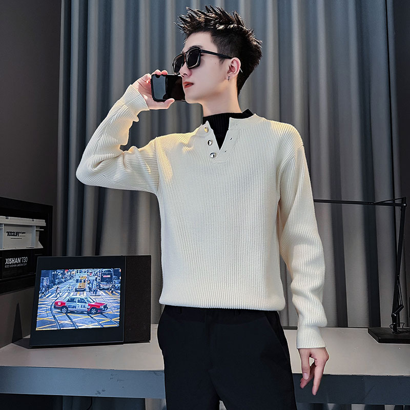 SM110-P88控118社会小伙店主风男假两件潮毛衣针织衫白色2，男装针织衫/毛衣，电商A220