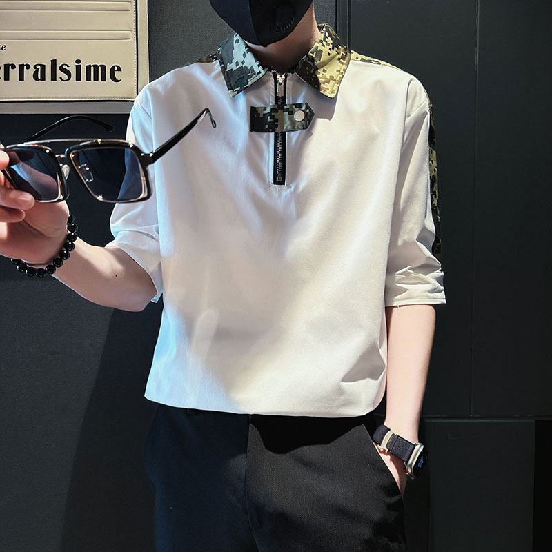 SC129-P58控78夏季男士衬衣男潮迷彩拼接衬衣短袖衬衫黑色2,男装衬衫,电商A220