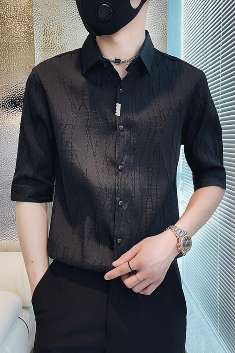 SC40-P58控78春夏男士衬衣男潮中袖衬衣休闲七分袖衬衫长袖黑2,男装衬衫,电商A220
