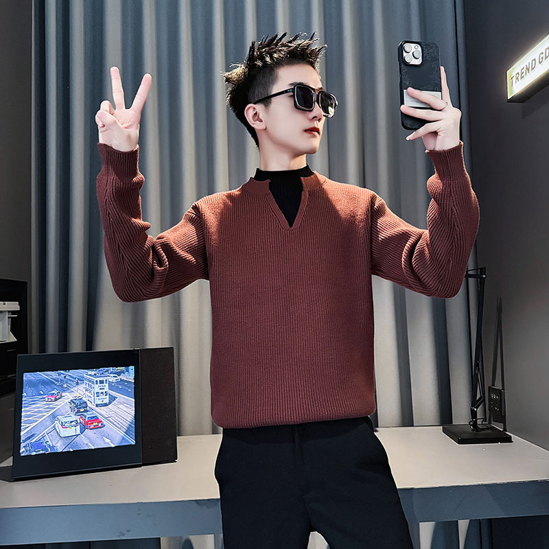 SM109-P88控118社会小伙店主风男假两件潮毛衣针织衫红色2，男装针织衫/毛衣，电商A220