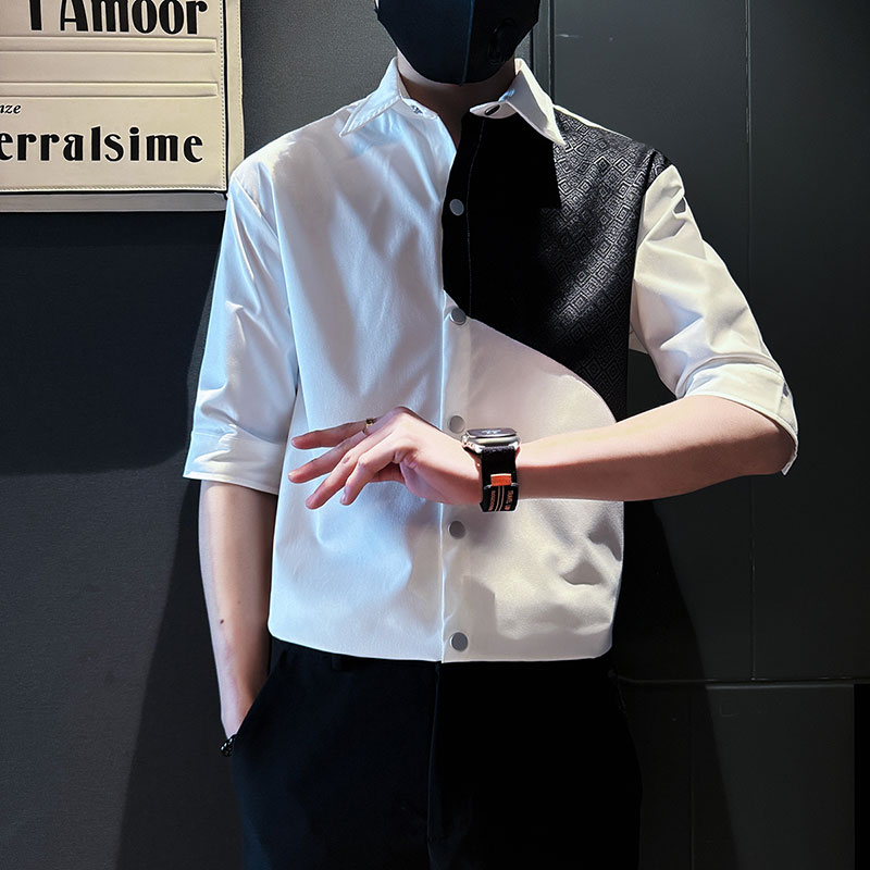 SC131-P58控78夏季男士衬衣男潮拼接衬衣短袖衬衫黑2,男装衬衫,电商A220