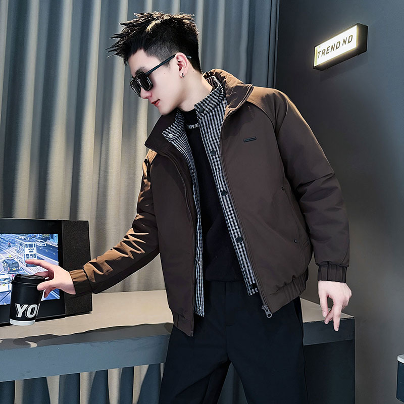 MF89-P148 控198  冬季社会小伙加厚保暖立领假两件棉服外套咖色2图片