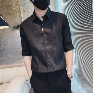 SC40-P58 控78 春夏男士衬衣男潮中袖衬衣休闲七分袖衬衫长袖 黑2图片