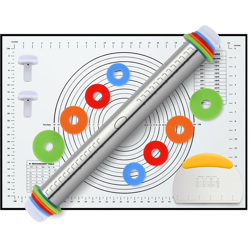 可调型榉木不锈钢擀面杖调节面皮厚度刻度揉面工具披萨饼干制作
