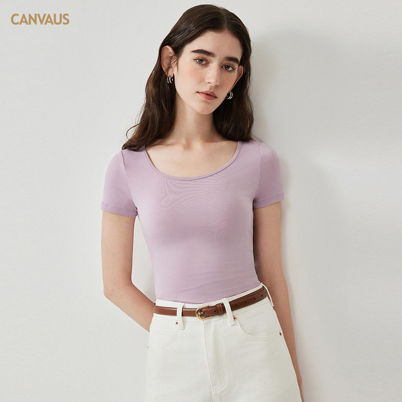 CANVAUS极简风女装新款亲肤短袖圆领面膜T恤装纯色修身显瘦打底衫