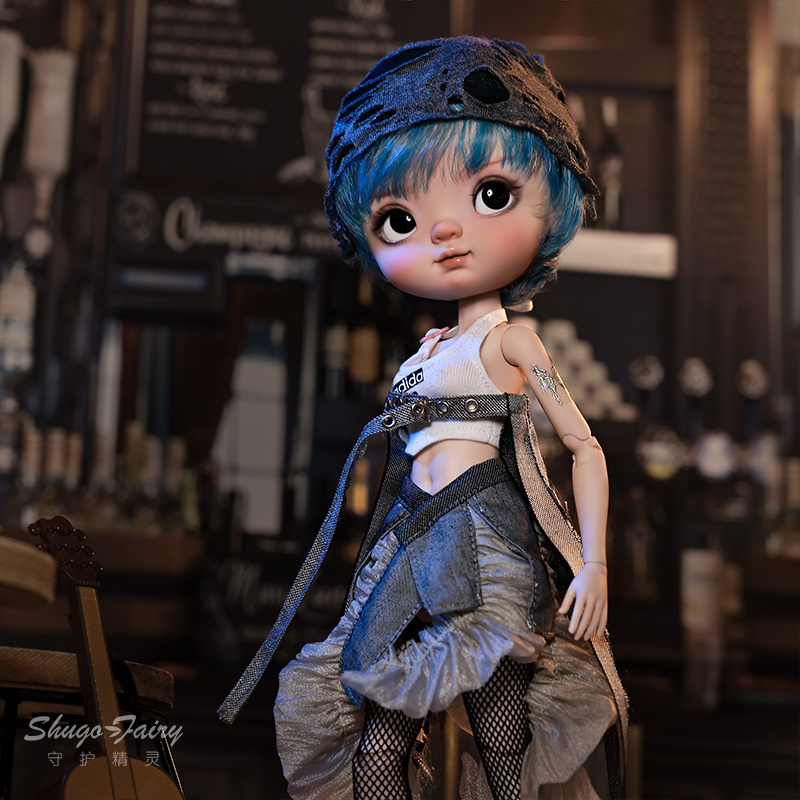 6分bjd娃娃罗莎蓝色短发破洞帽