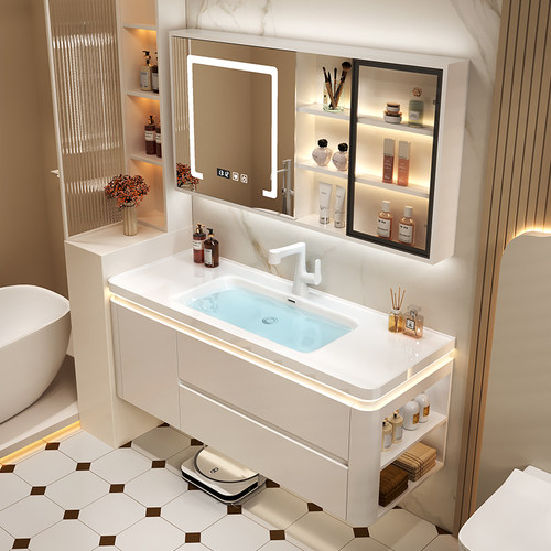 实木浴室柜组合奶油风陶瓷一体盆