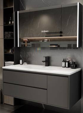 轻奢风岩板热弯一体盆浴室柜组合卫生间洗漱台洗手盆洗脸池卫浴柜