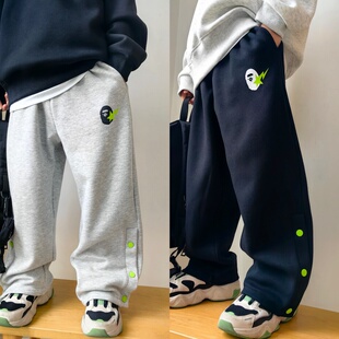 秋冬款儿童帅气加绒保暖运动裤一体不倒绒开扣卫裤男女童绒裤长裤