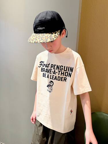 儿童短袖T恤DD企鹅夏款男女童植绒卡通印花休闲宽松半袖上衣潮