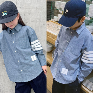 男女童纯棉牛仔长袖 新款 衬衣洋气上衣TB四道杠潮 2024秋装 儿童衬衫
