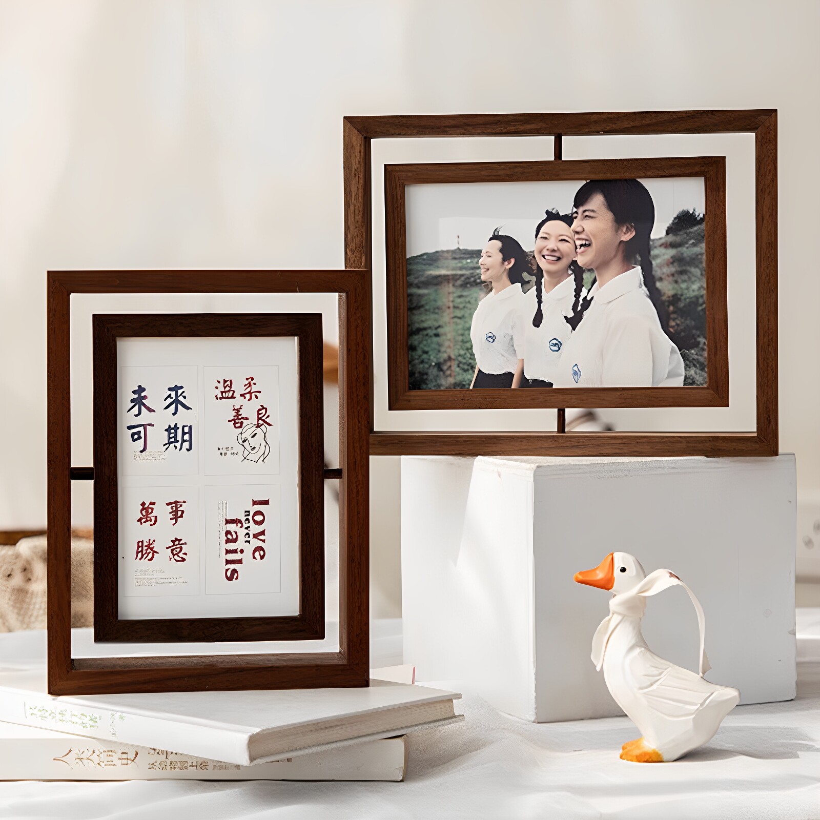 【胡桃木双面旋转相框】实木高级感摆台会议纪念照片刻字定制礼物