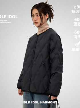 IDLE IDOL简约风90鸭绒黑色短款羽绒服女简约圆领轻薄保暖外套