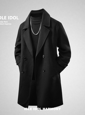 IDLE IDOL英伦风中长款毛呢大衣男秋冬双排扣外套防风御寒风衣