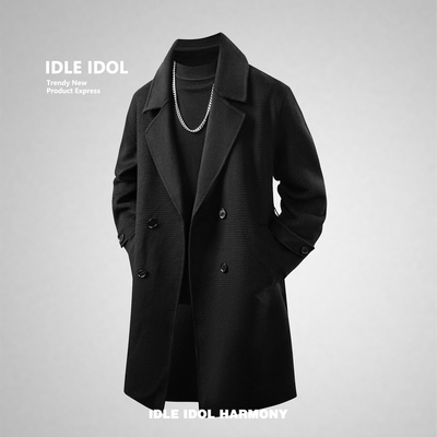 IDLE IDOL英伦风中长款毛呢大衣男秋冬双排扣外套防风御寒风衣