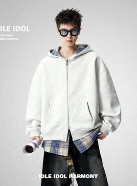 Idle Idol美式假两件连帽卫衣男格子拼接宽松开衫外套