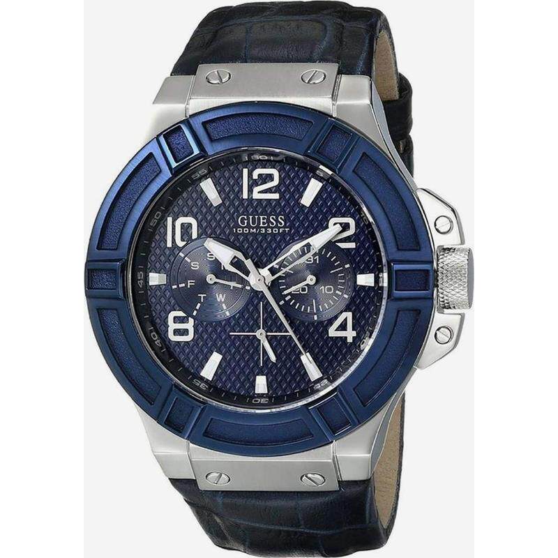 代购GUESS男士腕表计时日历夜光三眼皮带金属防水蓝盘商务休闲