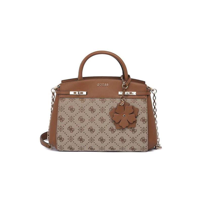 代购GUESS女士手提包可调节肩带顶部手柄金属扣件花朵挂饰棕色