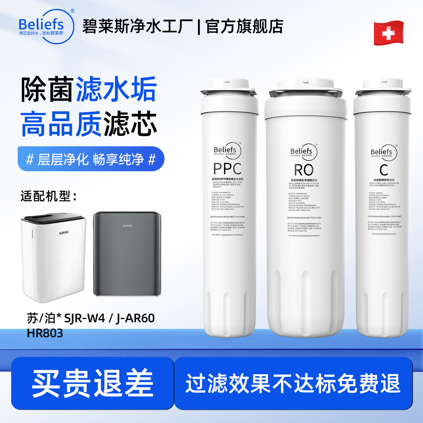 碧莱斯滤芯适配苏泊尔净水器滤芯SJR-W4/J-AR60/HR803复合P棉RO膜
