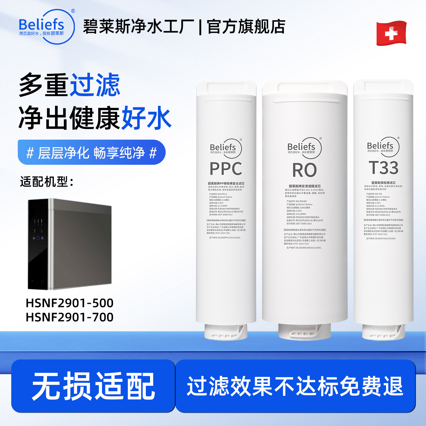 碧莱斯适配海尔净水器滤芯HSNF2901-500/700 PPC复合RO膜直饮机滤