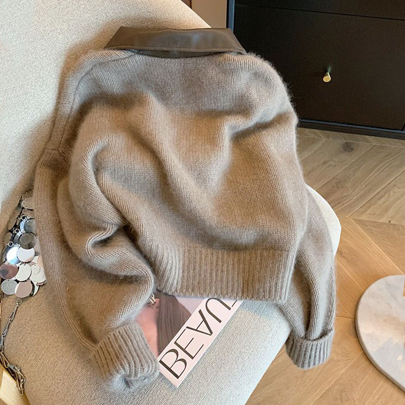 광저우 13선 최고 인기 스타일 유출 고급 스플라이스 가죽 칼라 더블 지퍼 니트 가디건 스웨터 여성용 짧은 재킷