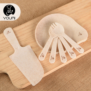 食品级小麦香秸秆水滴盘形蛋糕刀叉盘一次性碟生日蛋糕餐具套装