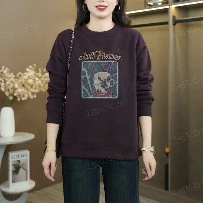 原版直播爆款2025冬季新款时尚圆领印花加绒加厚卫衣女装