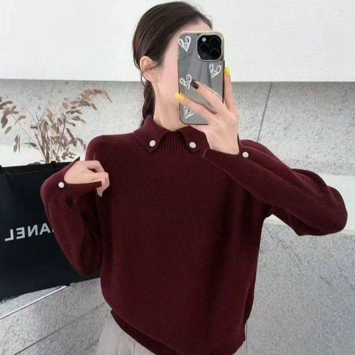 原版直播爆款2025冬季新款时尚翻领气质百搭减龄针织衫女